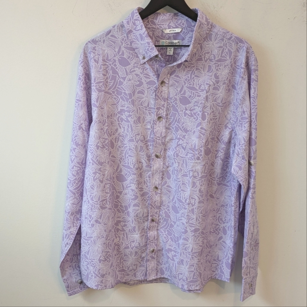 Coolibar 2022 Men's Aricia Purple Tropical Floral Button UPF 50 Sun Shirt Large